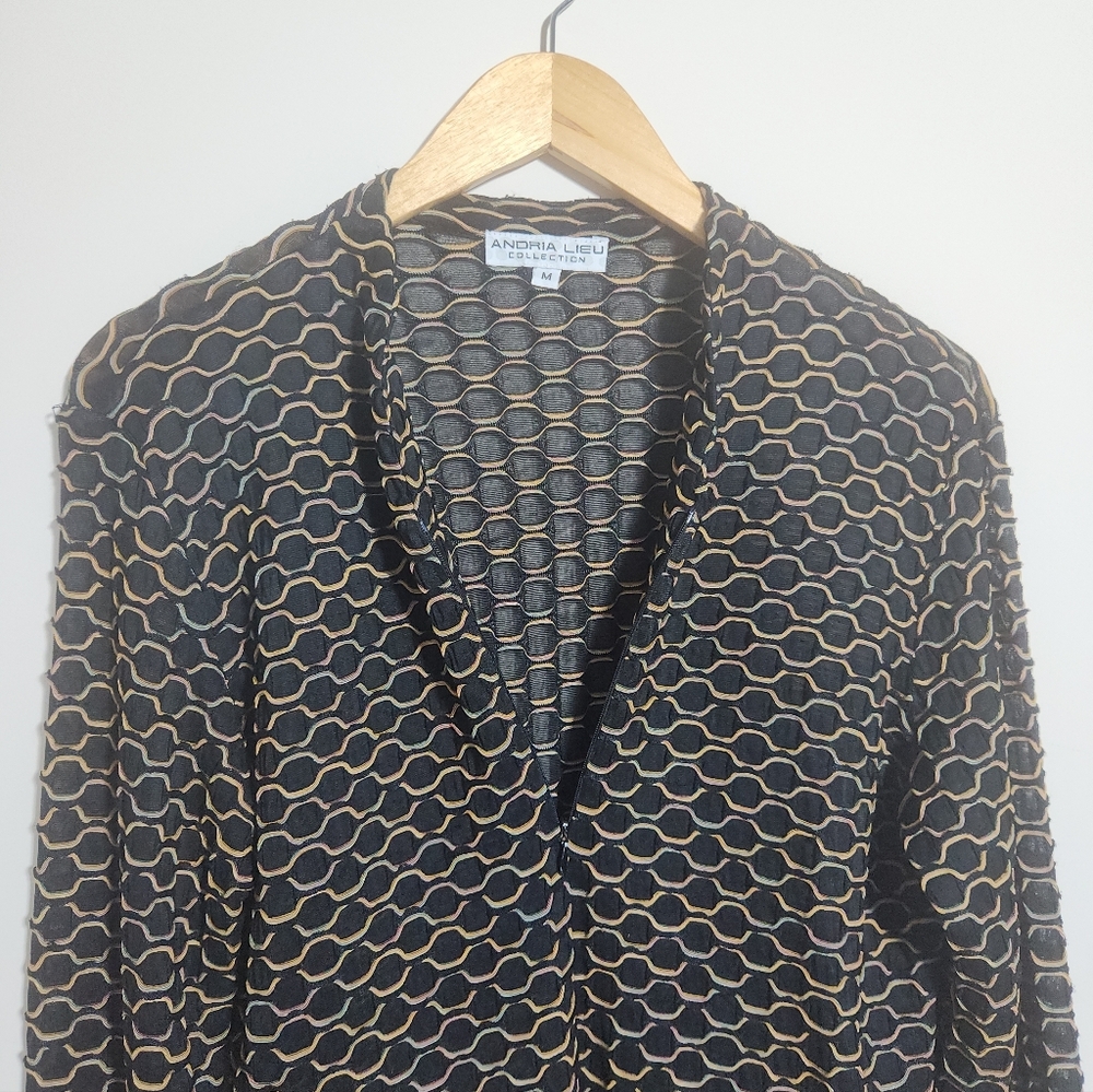 Andria Lieu Collection Quarter Zip Blouse Black Multi Textured Sheer M - Picture 7 of 9